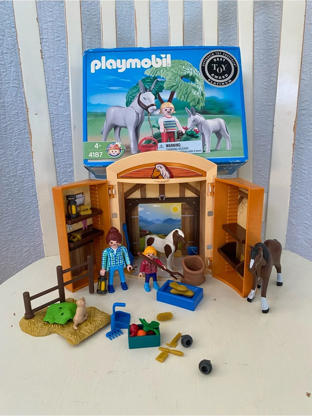Playmobil NEW 4187 Donkey & Foal Girl  & Used 5660 Pony Stable Play Box EUC